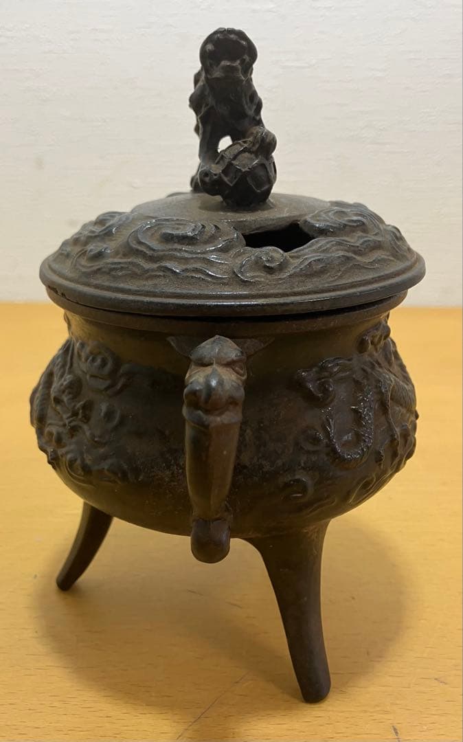 【香炉】三脚獅子摘龍紋獣　耳香炉　香爐　香道具　 古道具