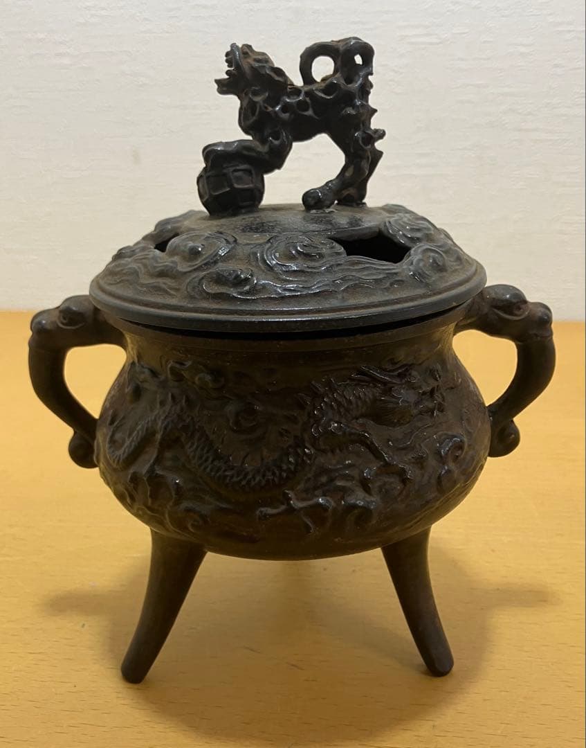 【香炉】三脚獅子摘龍紋獣　耳香炉　香爐　香道具　 古道具