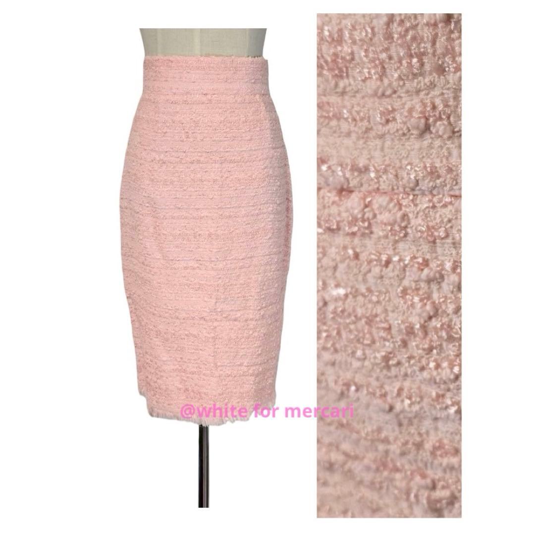 イタリア製 定価6万 ファンシーツイード桃色ピーチピンク美形お膝丈スカート