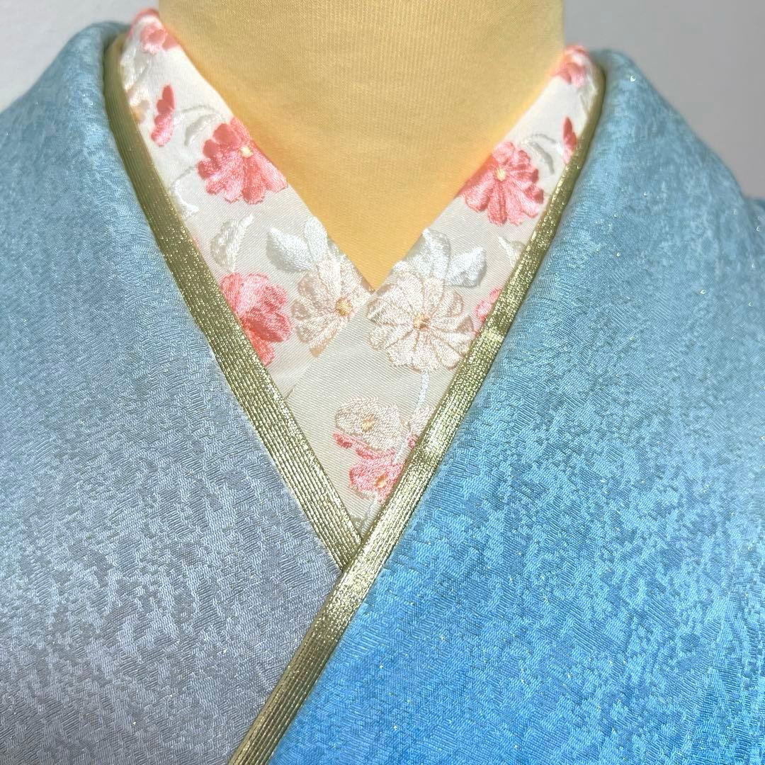 368 振袖フルセット 正絹 水色 ブルーグレー銀彩 駒刺繍 暈し染め お上品