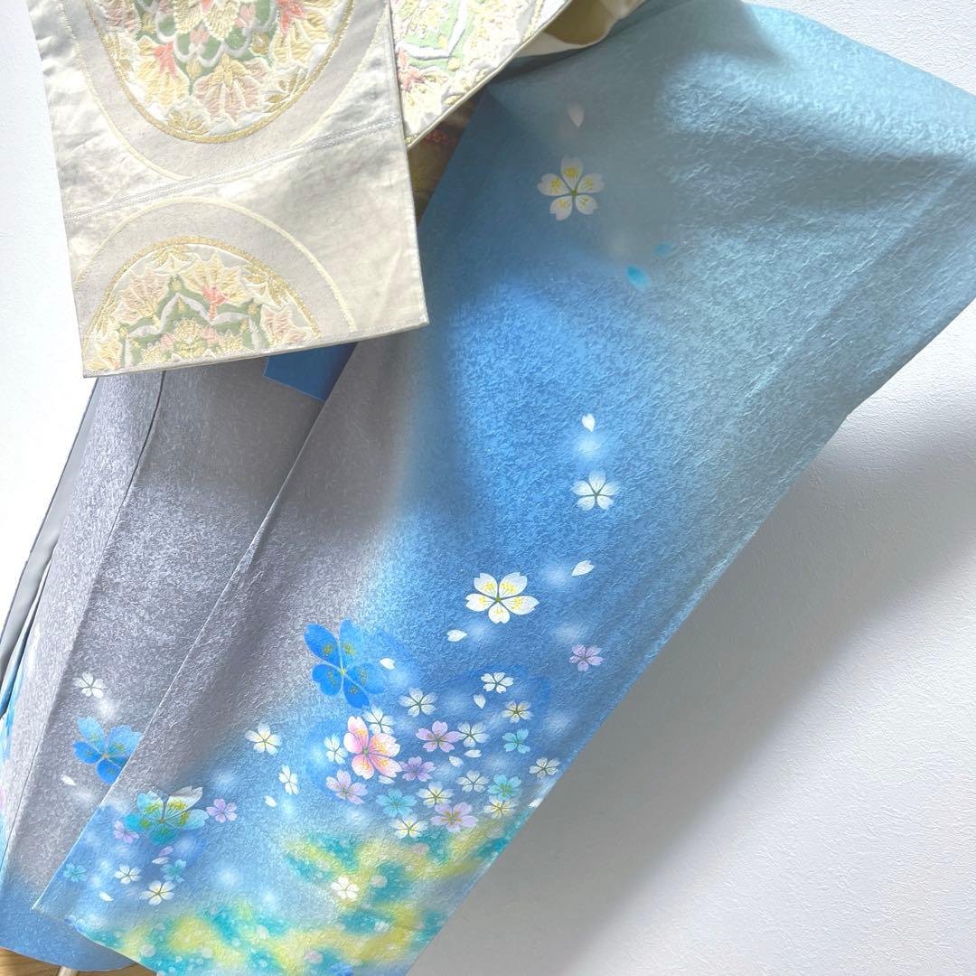 368 振袖フルセット 正絹 水色 ブルーグレー銀彩 駒刺繍 暈し染め お上品