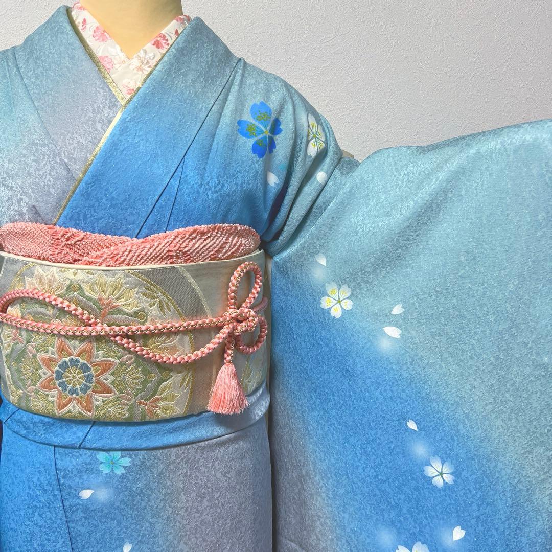 368 振袖フルセット 正絹 水色 ブルーグレー銀彩 駒刺繍 暈し染め お上品