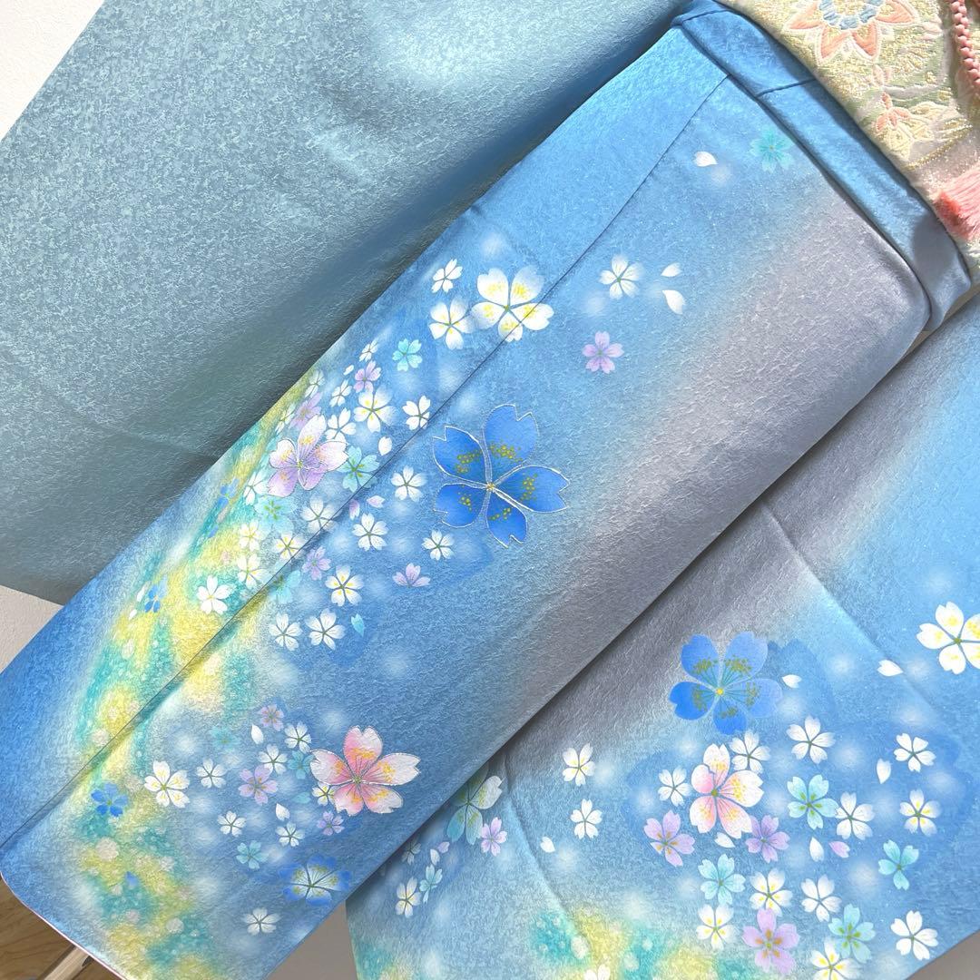 368 振袖フルセット 正絹 水色 ブルーグレー銀彩 駒刺繍 暈し染め お上品