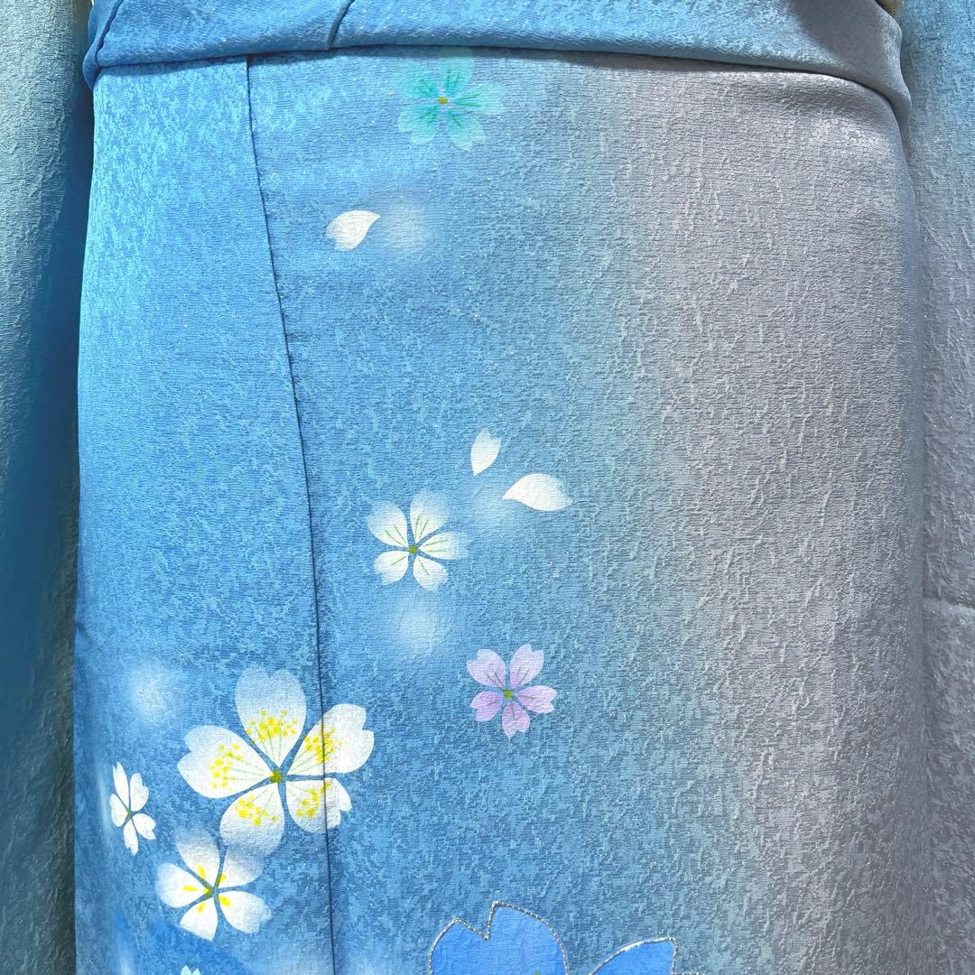 368 振袖フルセット 正絹 水色 ブルーグレー銀彩 駒刺繍 暈し染め お上品
