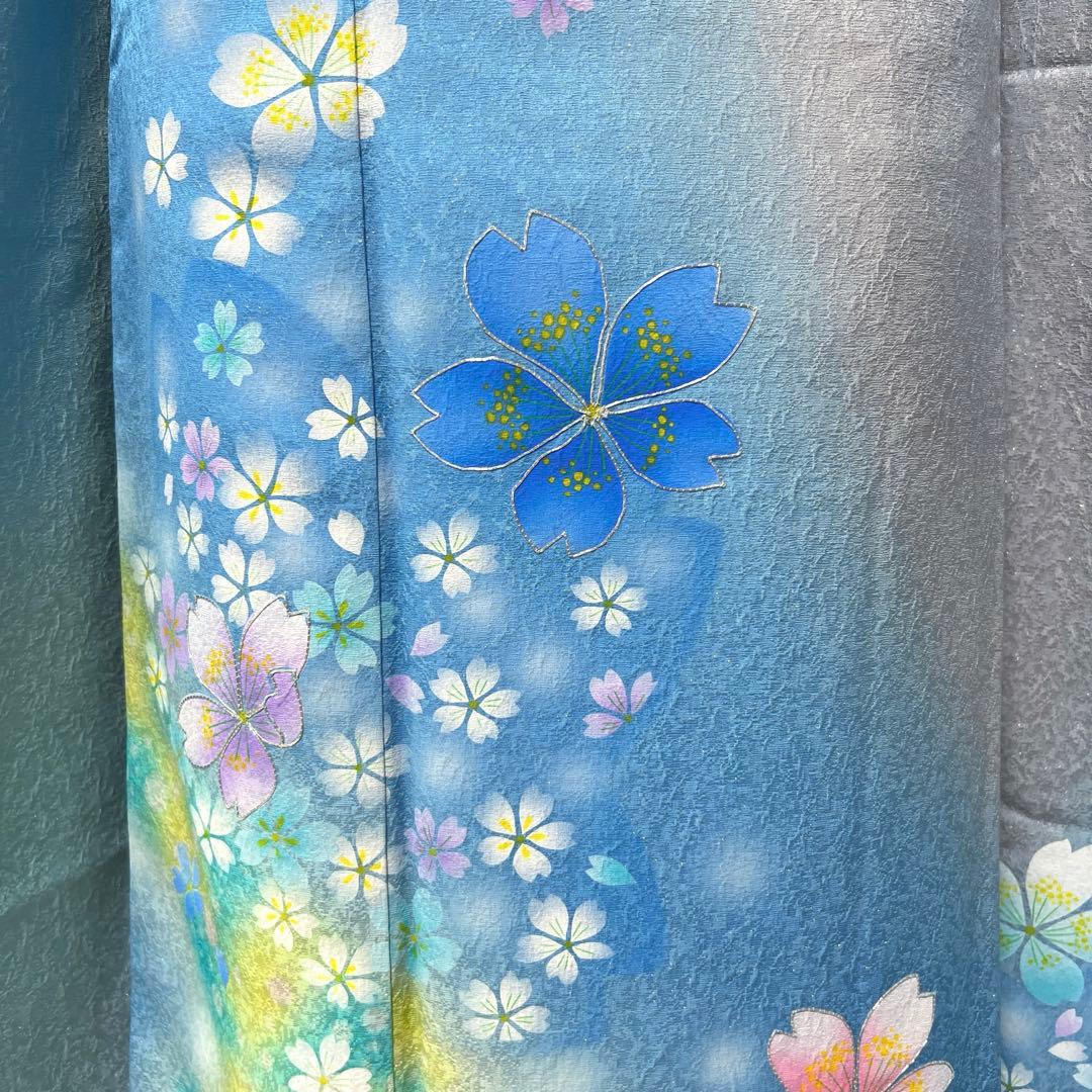 368 振袖フルセット 正絹 水色 ブルーグレー銀彩 駒刺繍 暈し染め お上品
