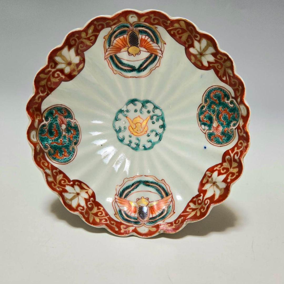M-1259 古伊万里色絵　波兎とふくら雀紋様青磁　菊花皿