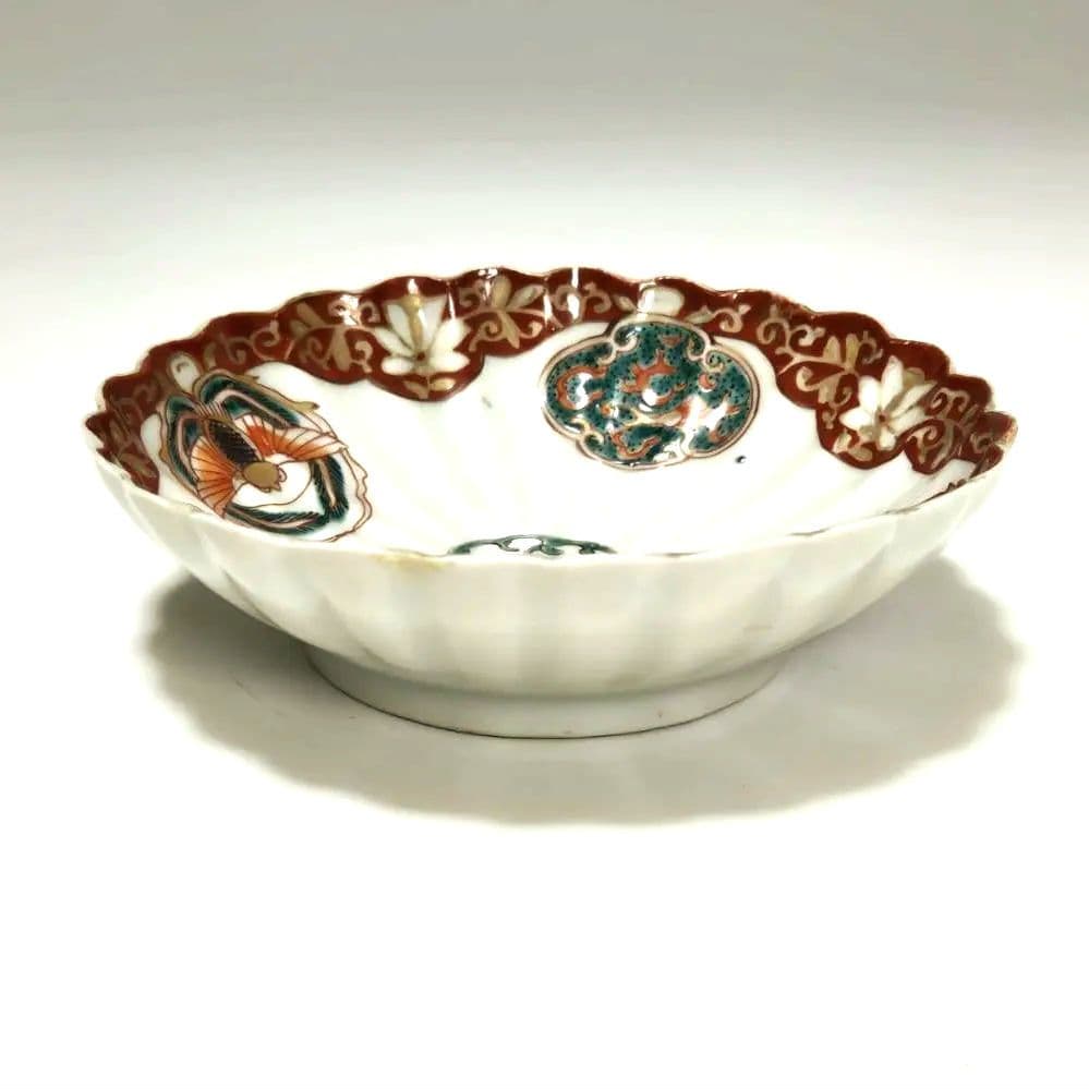 M-1259 古伊万里色絵　波兎とふくら雀紋様青磁　菊花皿