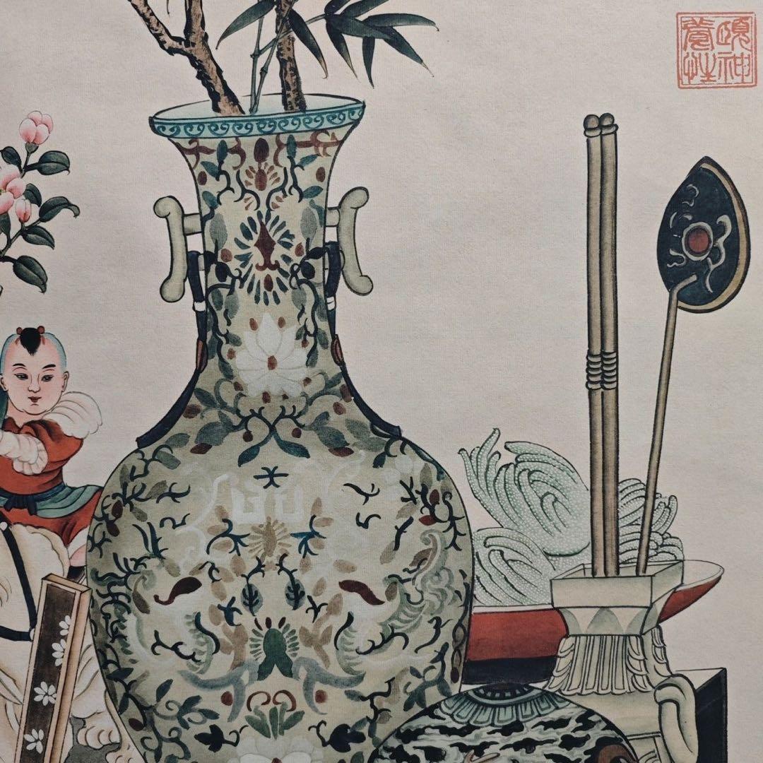 中国画・慈禧太后 花瓶宮花屏 四尺中堂 掛け軸／防偽仕様