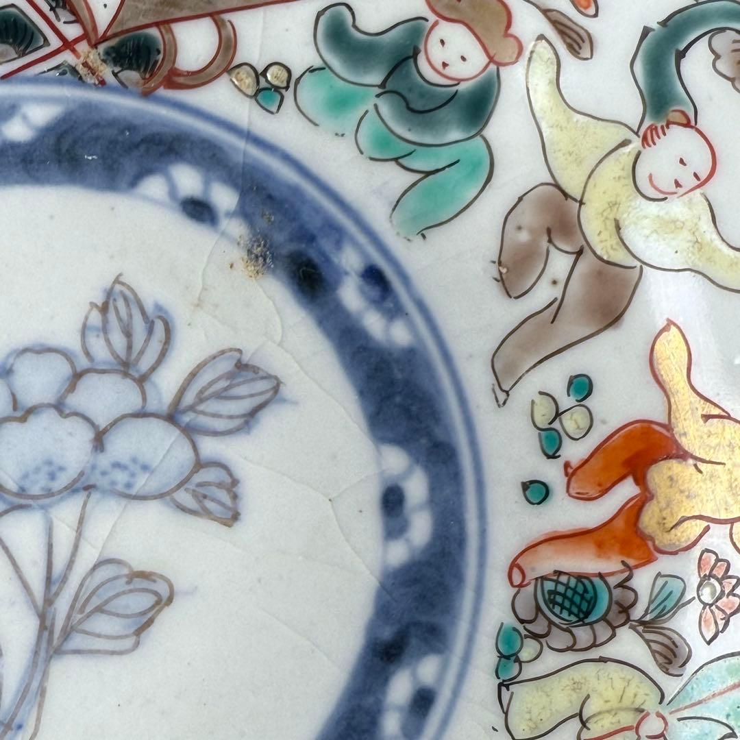 古伊万里　色絵輪花形なます皿　5客　珍しい絵付け　蛇目高台