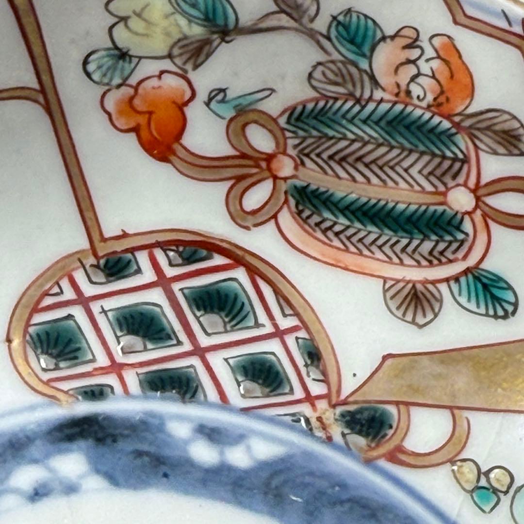 古伊万里　色絵輪花形なます皿　5客　珍しい絵付け　蛇目高台