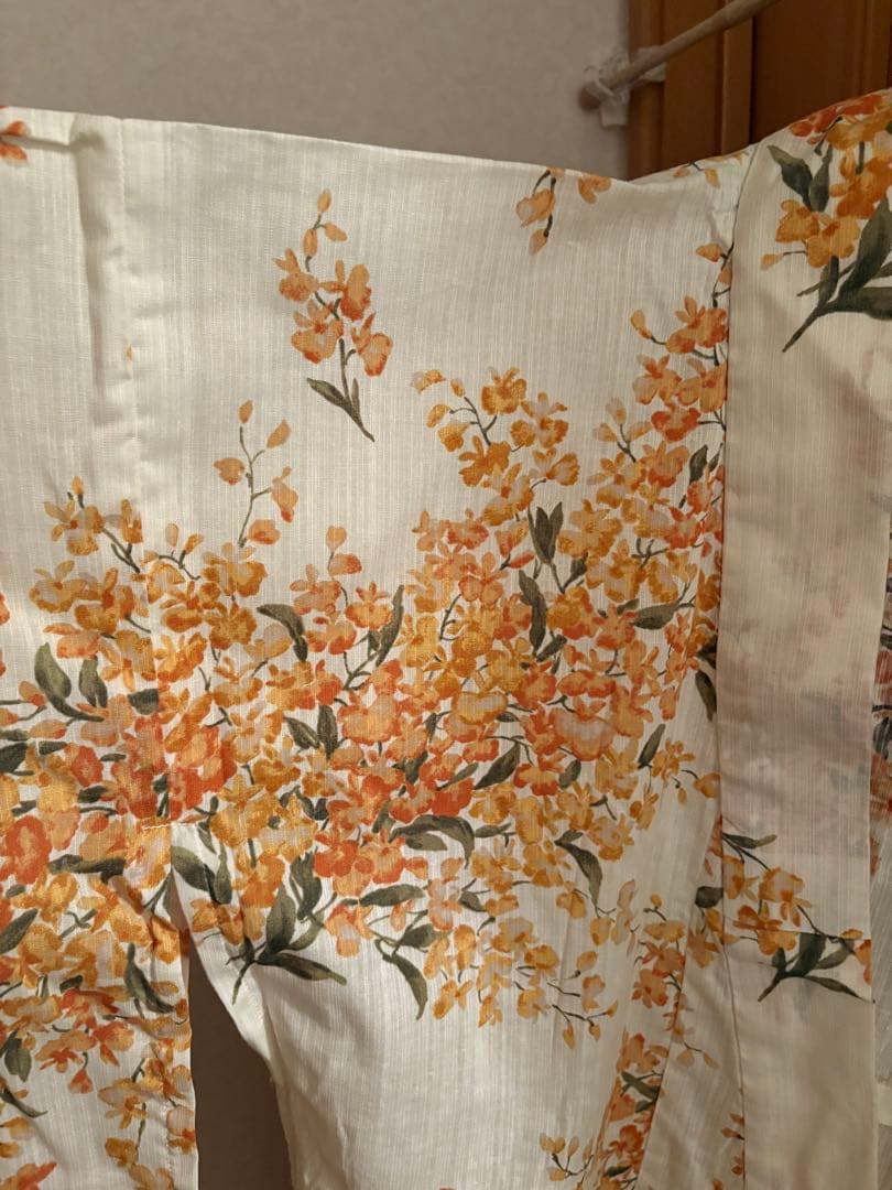 花柄 浴衣 クリーム色 オレンジ、兵児帯セット
