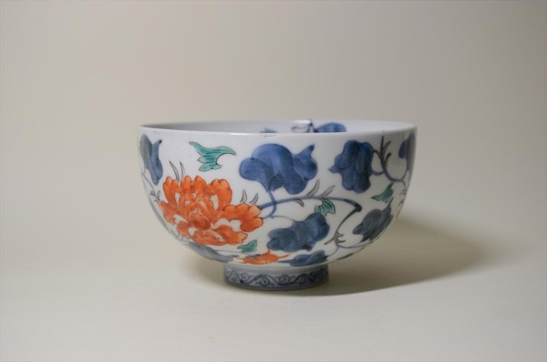 江戸中期　古伊万里色絵草花柄鉢　骨董品　アンティーク　菓子器 a