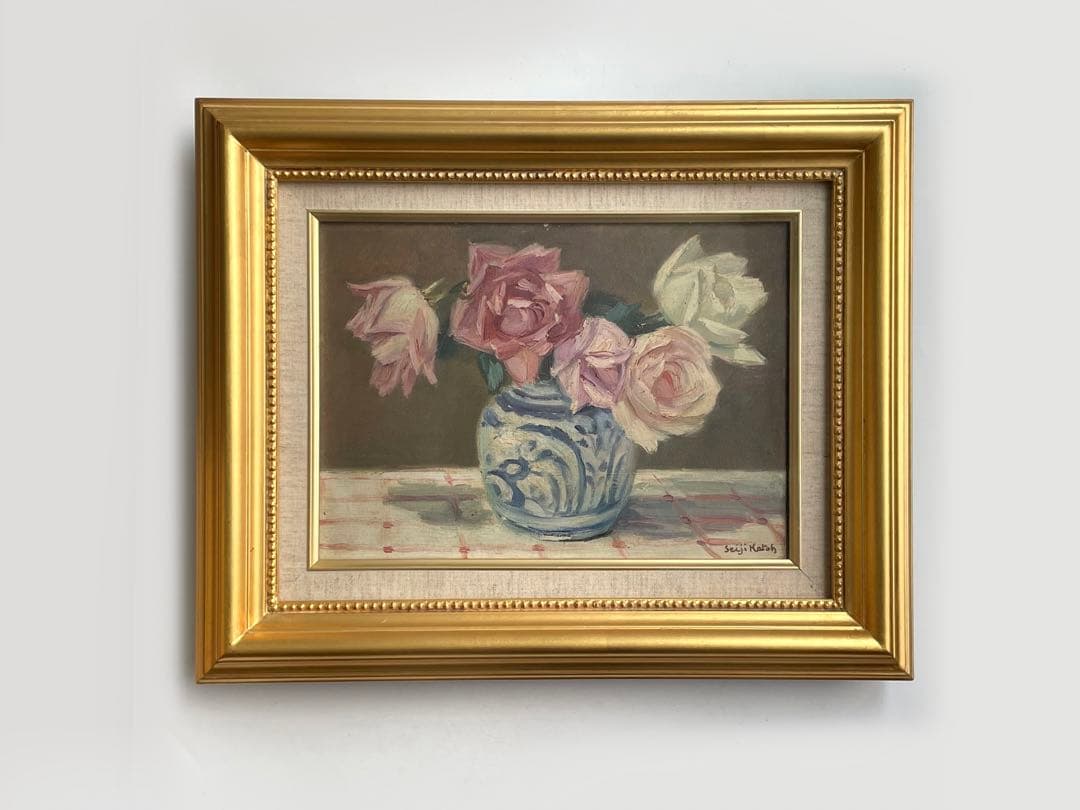 画家　加藤静児　静物　油彩画　油絵　額入　花　薔薇　薔薇の絵　バラ