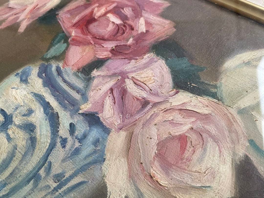 画家　加藤静児　静物　油彩画　油絵　額入　花　薔薇　薔薇の絵　バラ