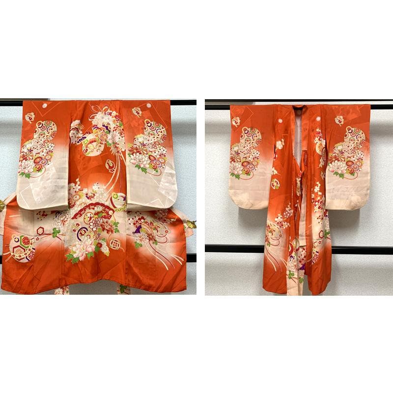510ag64□七五三 三歳 アンティーク 女児 着物のみ 五つ紋 こけし 花□