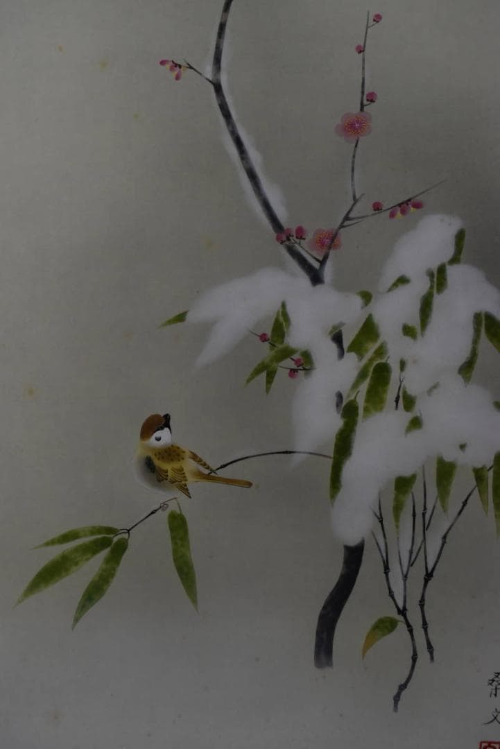 【真作】稲葉桑文/紅梅に雀図/雪梅小禽図/掛軸/名家伝来/AA-308