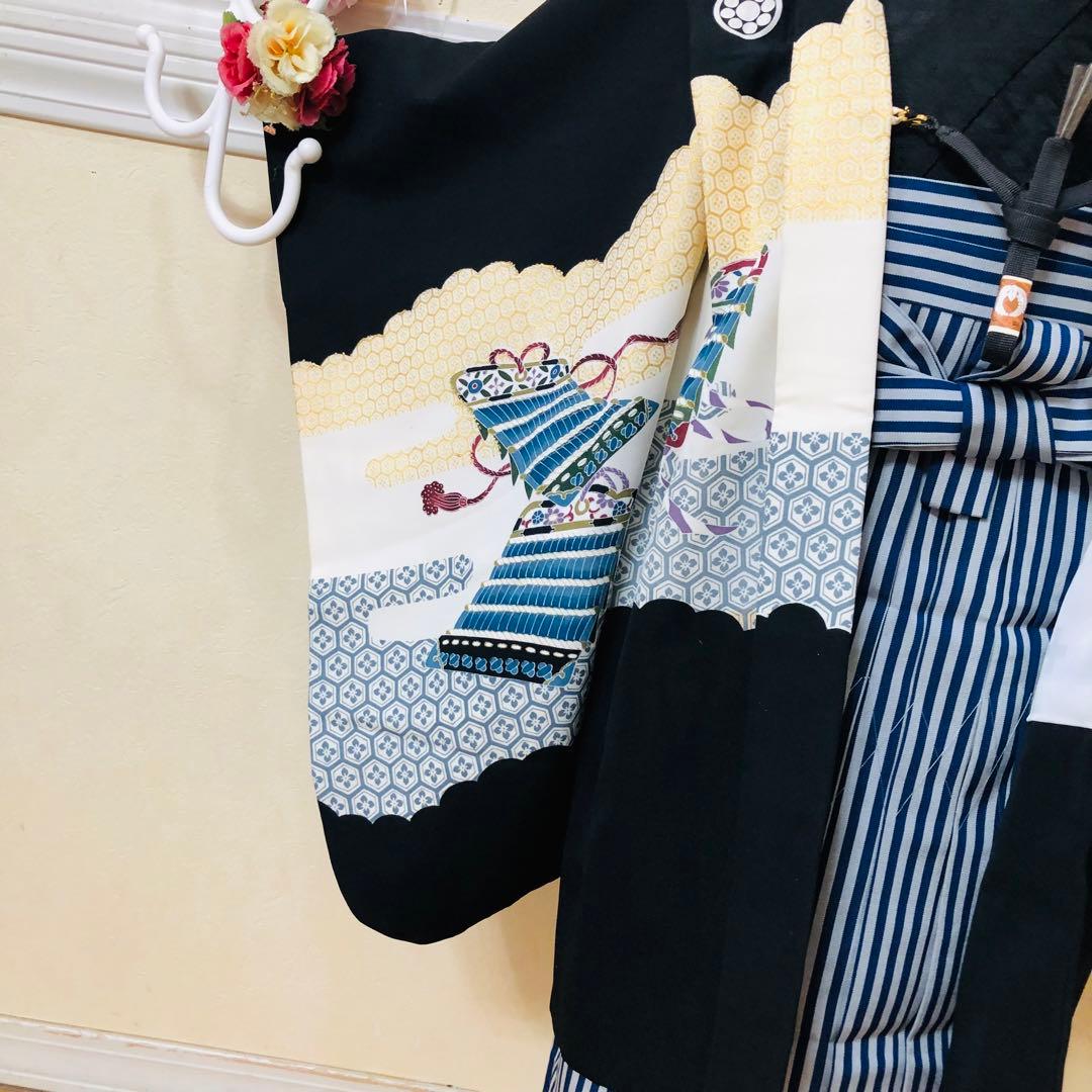 七五三５歳完全フルセット‼️豪華黒地系兜金彩煌びやか⭐︎袴縞スタイルアップ人気銘品