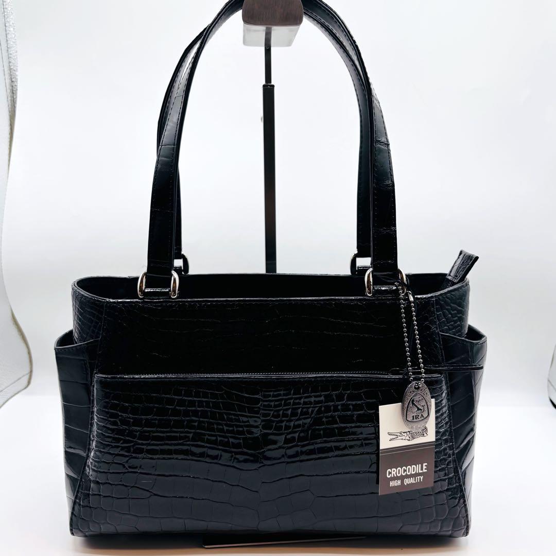 【美品】JRA ハンドバッグ クロコダイル レザー パスケース付き ブラック