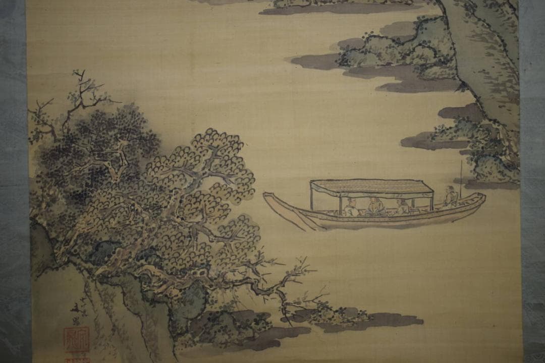 真作/谷文晁/山水屋形船図/絹表装/軸先紫檀/大幅/布袋屋掛軸HH-471