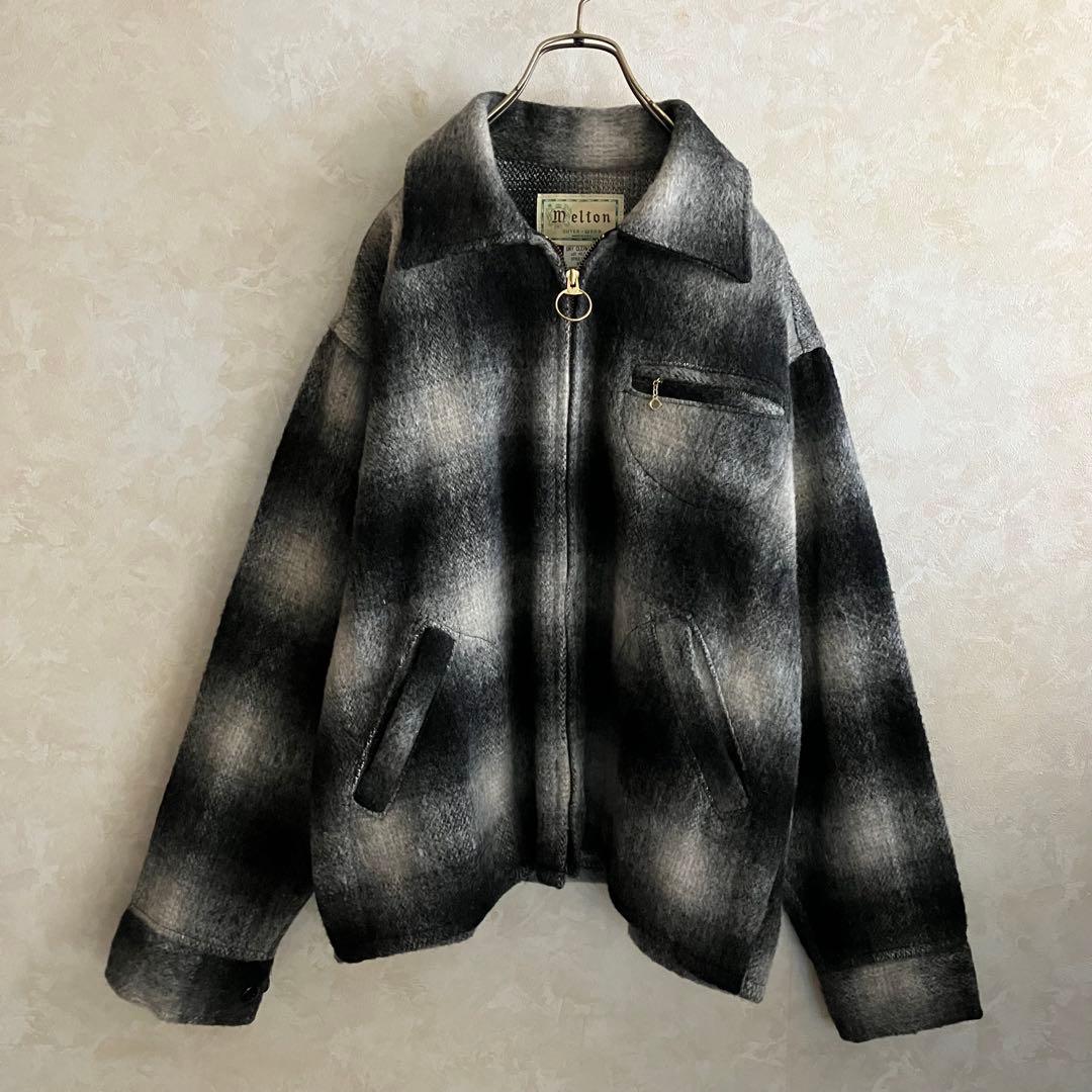 極美品 70's USA製 メルトン オンブレチェックJKT 黒 L
