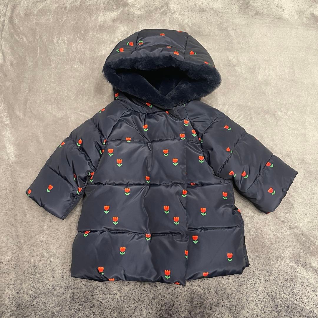 jacadi チューリップ柄　中綿入りジャケット　12m ネイビー　ファー　撥水