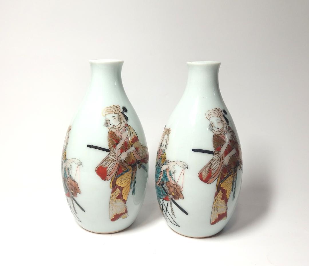 篠尾旭豊作/九谷色絵元禄美人図徳利一対/共箱/師初代秋塘