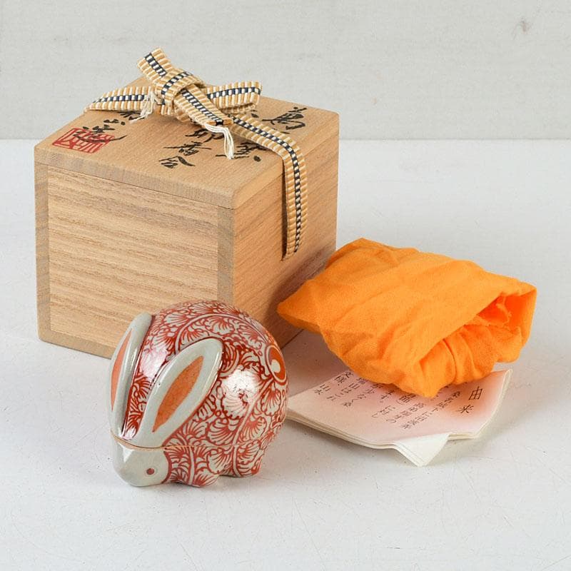 茶道具　萬古焼　加賀瑞山造　赤絵卯香合　共箱　V　9753