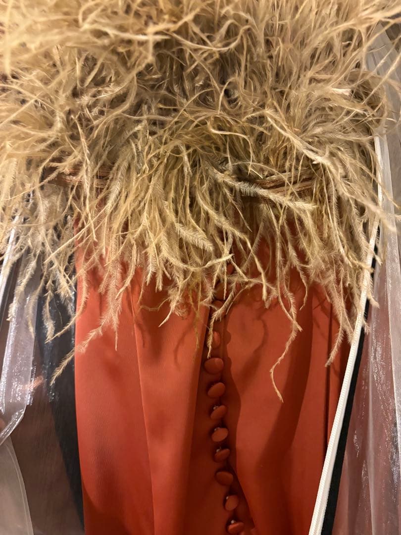 【たー】カラードレス テラコッタ色 マーメイドライン フェザー