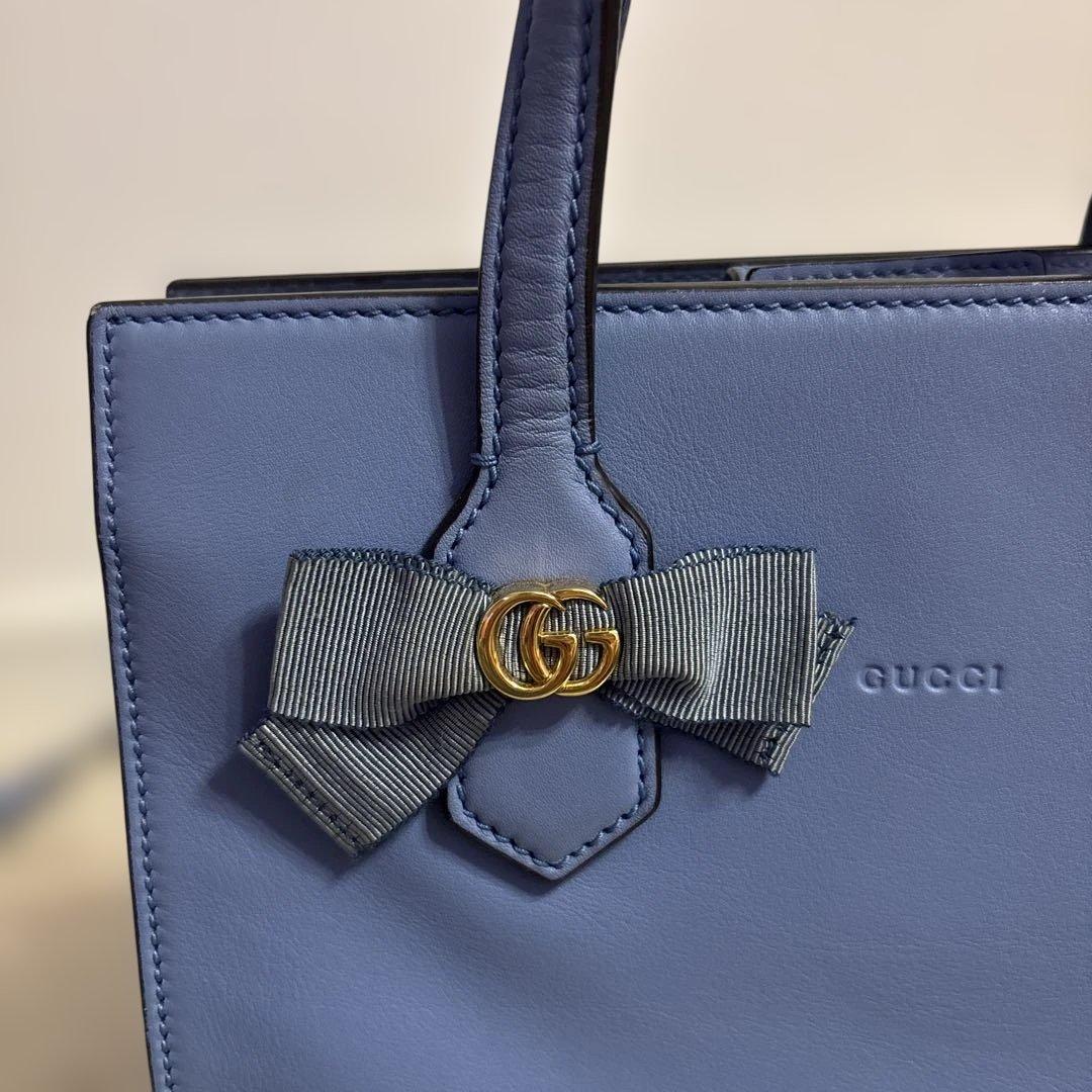GUCCI リボン付きライトブルーハンドバッグ 日本限定