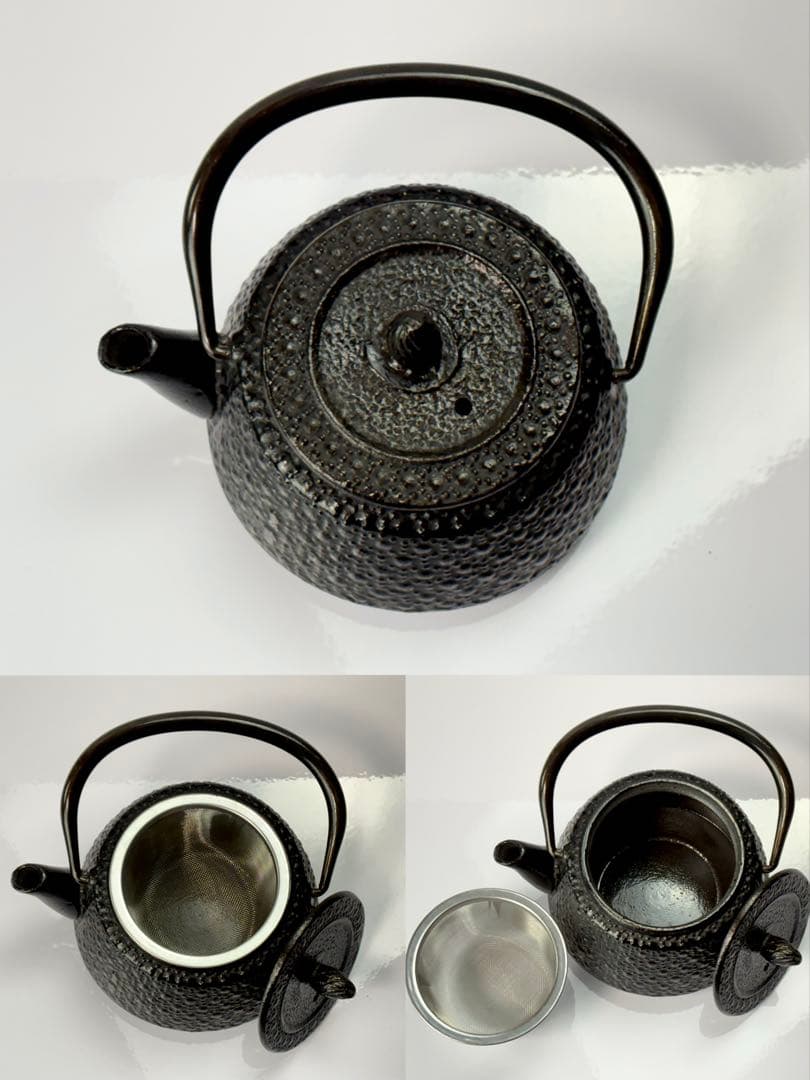 【未使用】南部鉄器 鉄瓶 霰紋 桜紋3点まとめ T−501