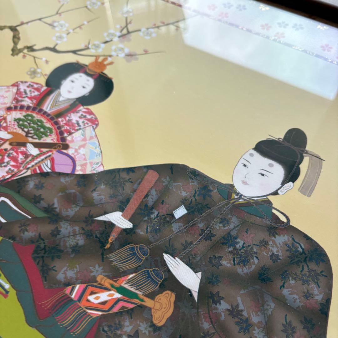 雛祭り 刺繍日本画 木製額装　約47cm x 62cm