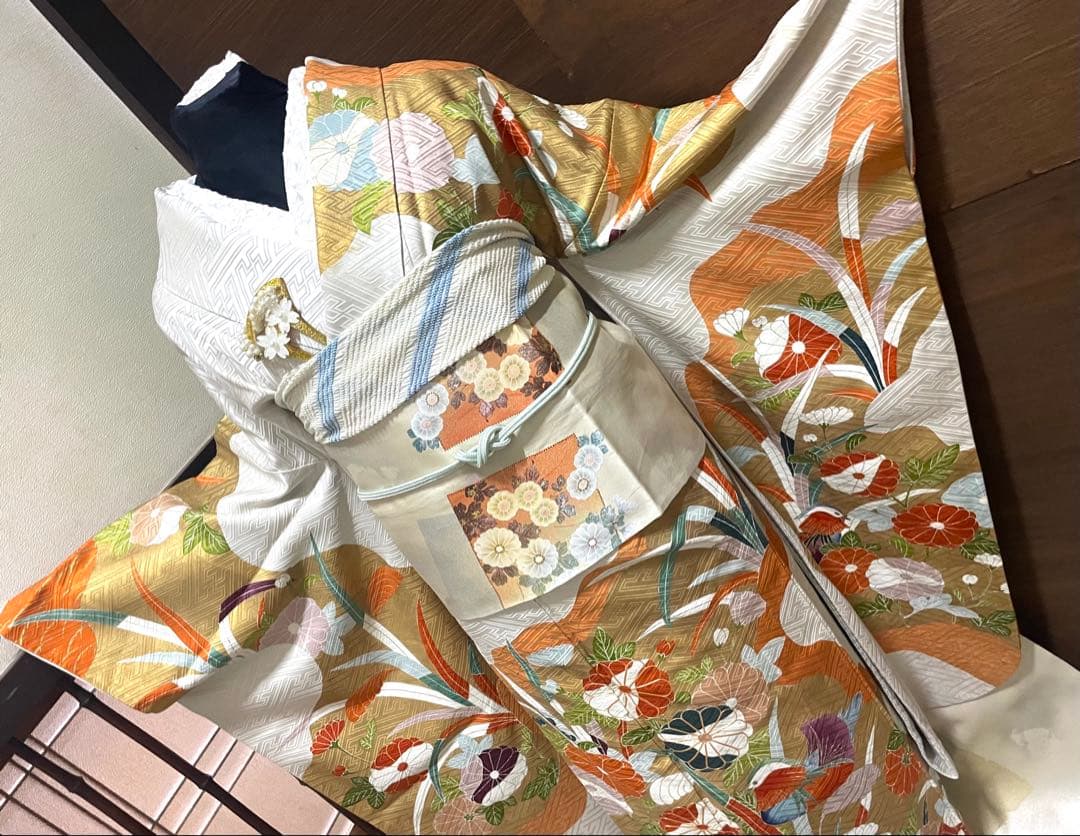 振袖フルセット6点M〜Ｌサイズ　正絹　鴛鴦花文　売り切り終了