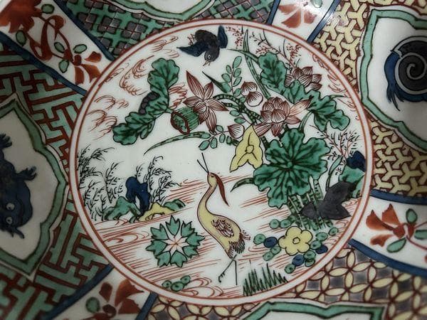 大聖寺伊万里　五彩色絵花鳥図　深皿　径19,5cm