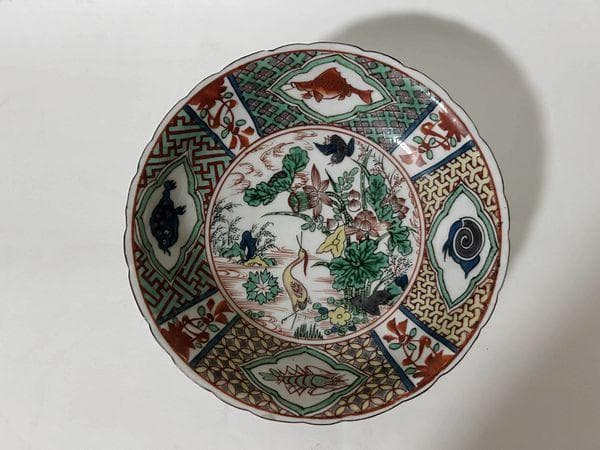 大聖寺伊万里　五彩色絵花鳥図　深皿　径19,5cm