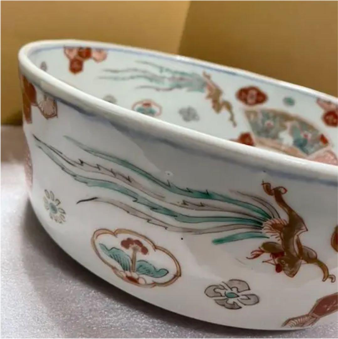 大きな器　【m183 麒麟　鳳凰　窓絵　二重高台　吉祥　染付色絵　平鉢　骨董　】