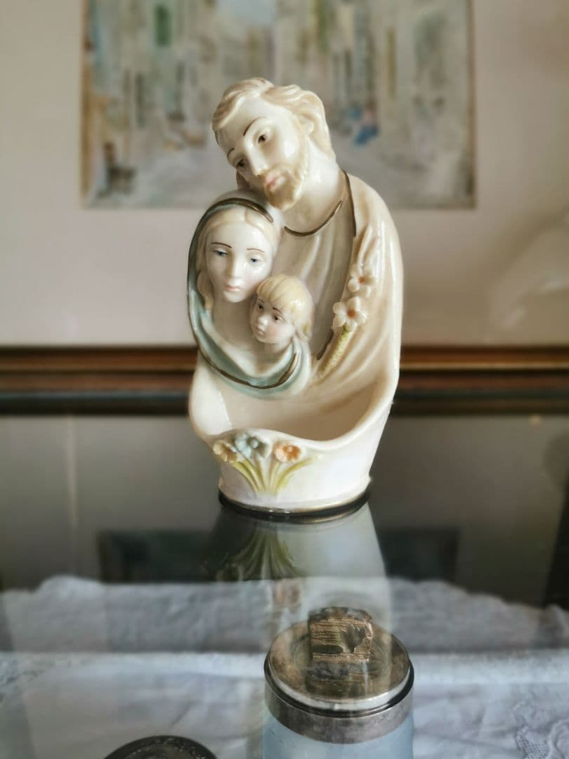 アンティークベルギー リヤドロ風 聖家族ポーセリン聖水入れ イエスマリアヨセフ