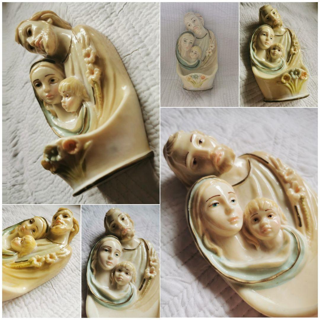 アンティークベルギー リヤドロ風 聖家族ポーセリン聖水入れ イエスマリアヨセフ