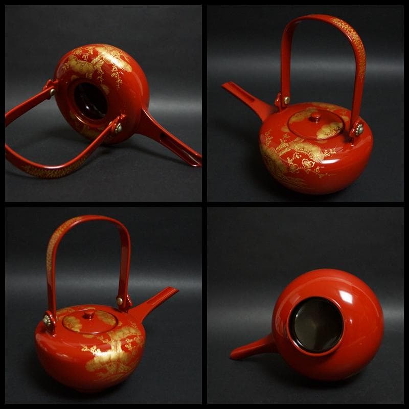 輪島塗 木製御屠蘇セット金蒔絵沈金『松竹梅鶴亀』銚子/杯(3客)/杯台 台共箱☆