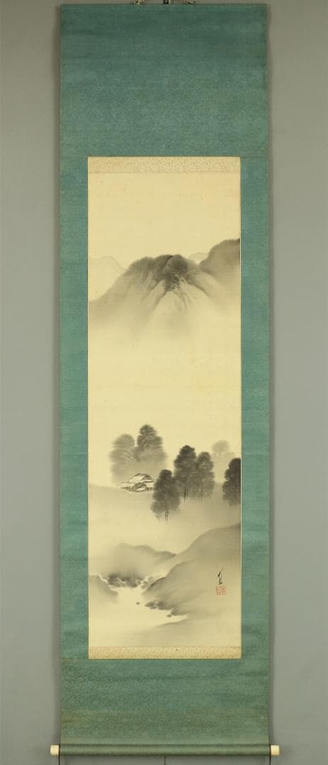 尾竹竹坡 明治11-昭和11 新潟 画家 浮世絵師 掛軸 肉筆 絹本 山水 合箱