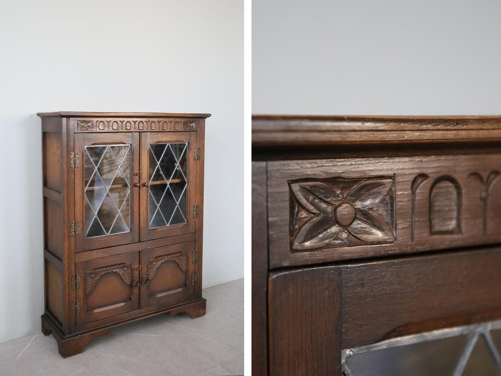 英国アンティーク木製ブックケースキャビネット/本棚/食器棚/飾り棚(91-163