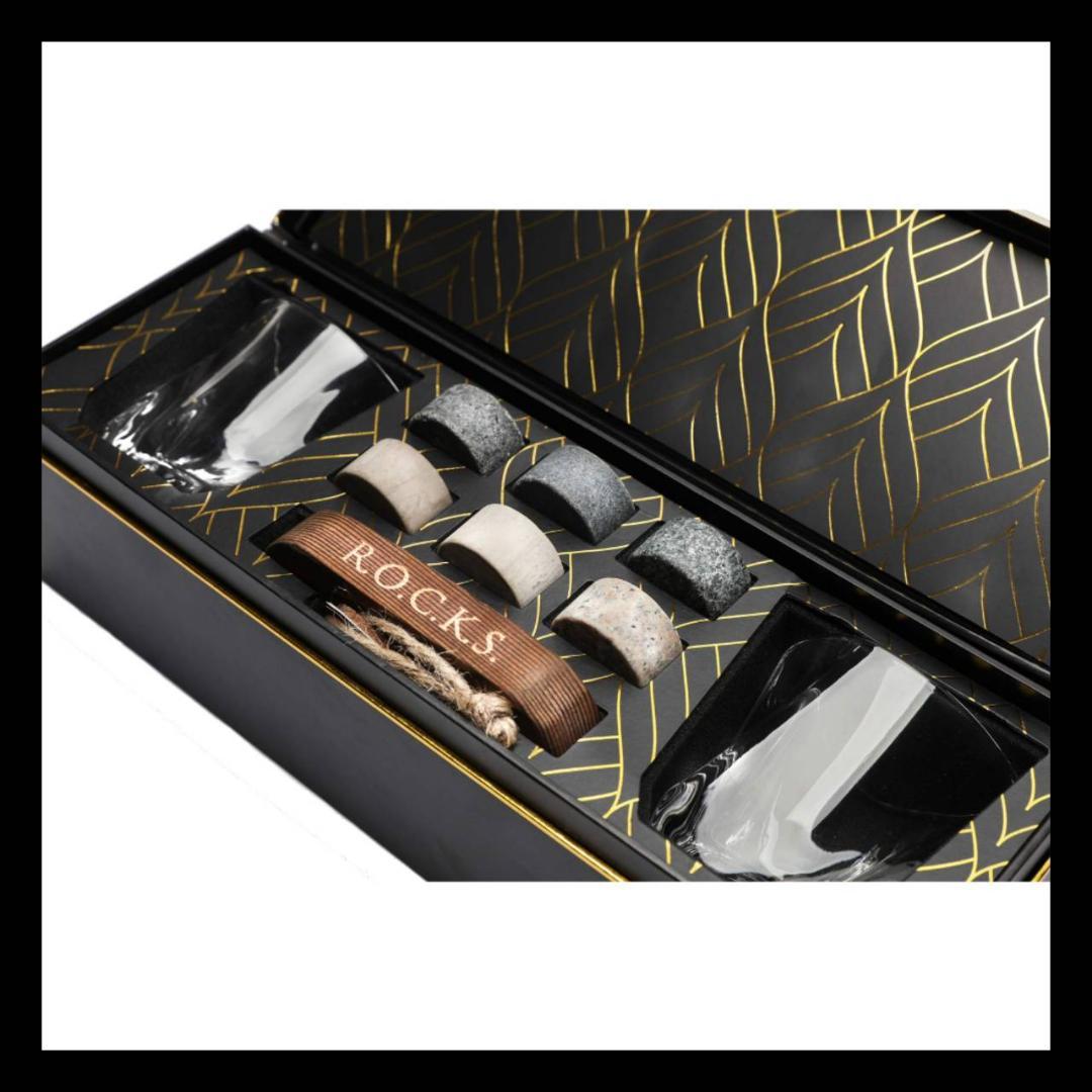 花崗岩製ウイスキー冷却ストーンギフトセット エレガントな金箔ギフトボックス付き