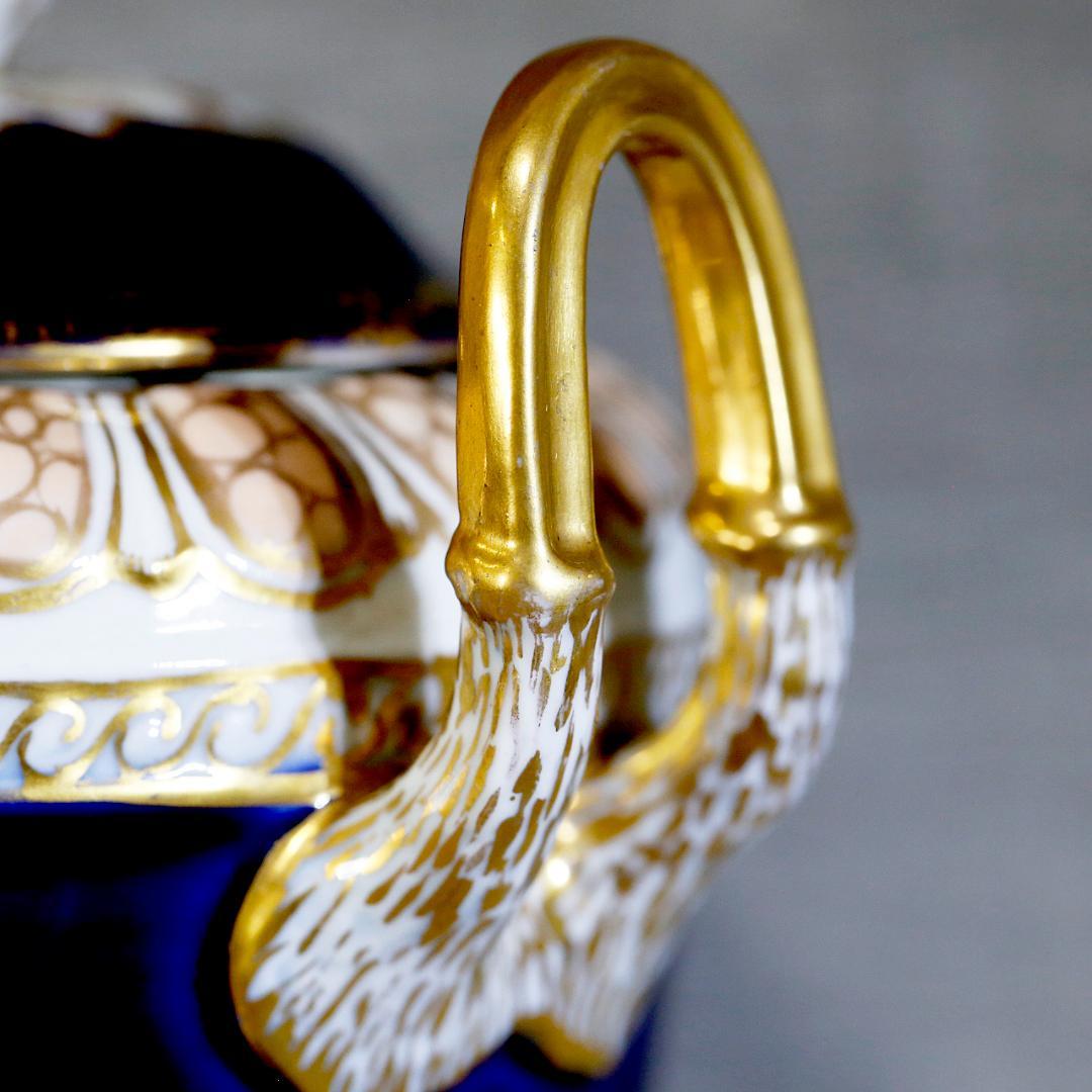 【送料込み】ドレスデン 帆船 壺 蓋付き 飾り壺 コバルト 金彩 ②