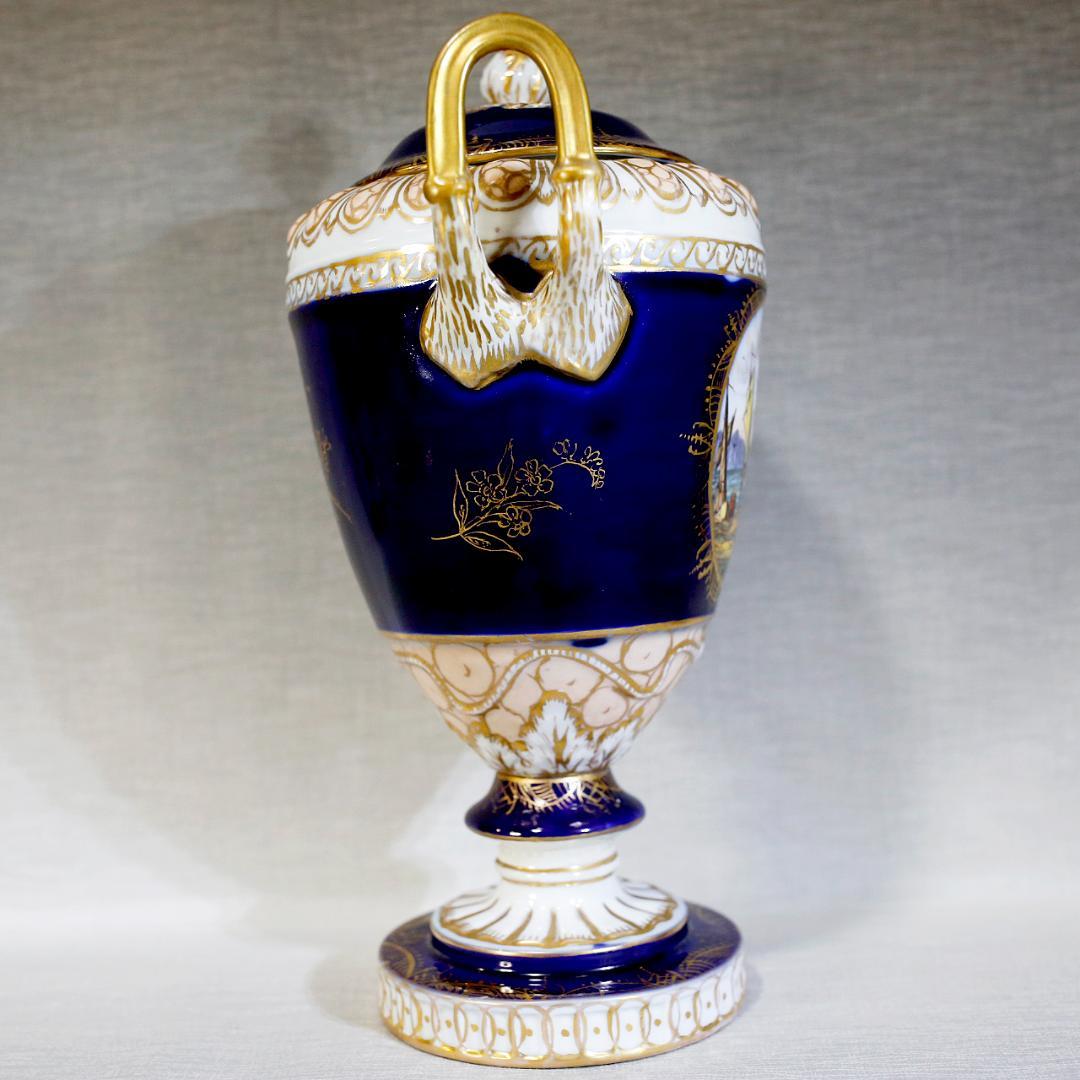 【送料込み】ドレスデン 帆船 壺 蓋付き 飾り壺 コバルト 金彩 ②