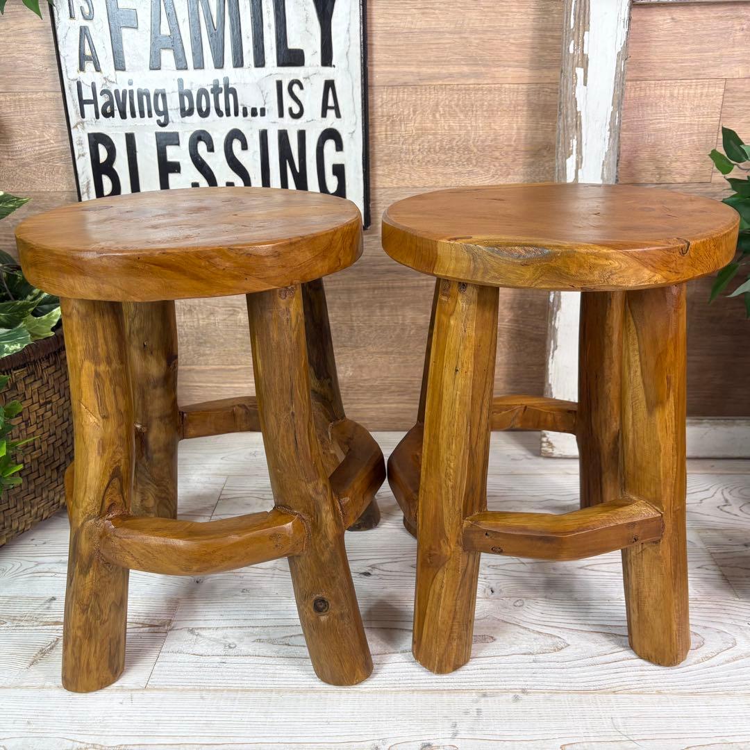 オールドチーク天然無垢極太丸木脚丸スツールM二脚セット木製天然無垢椅子花台チェア