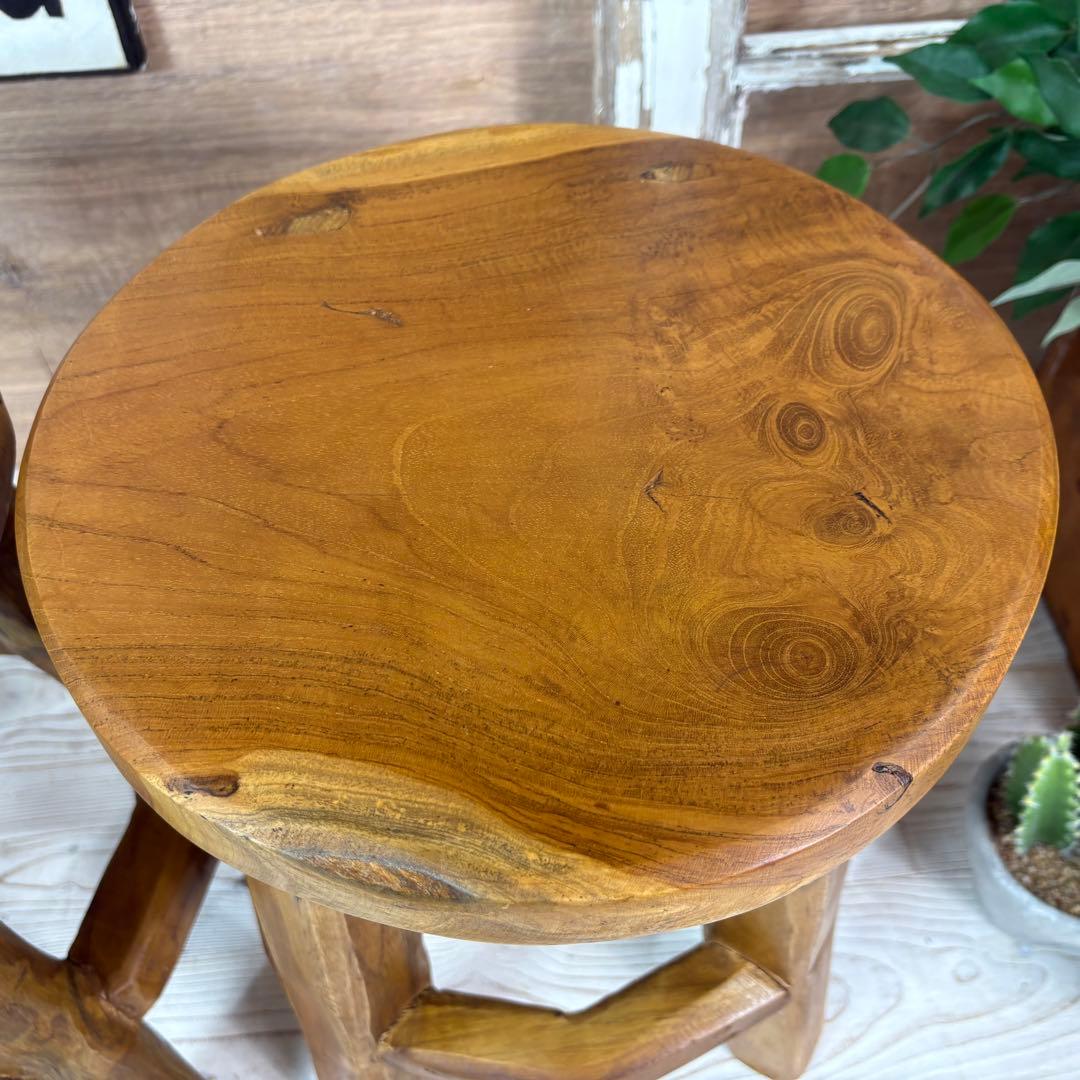 オールドチーク天然無垢極太丸木脚丸スツールM二脚セット木製天然無垢椅子花台チェア