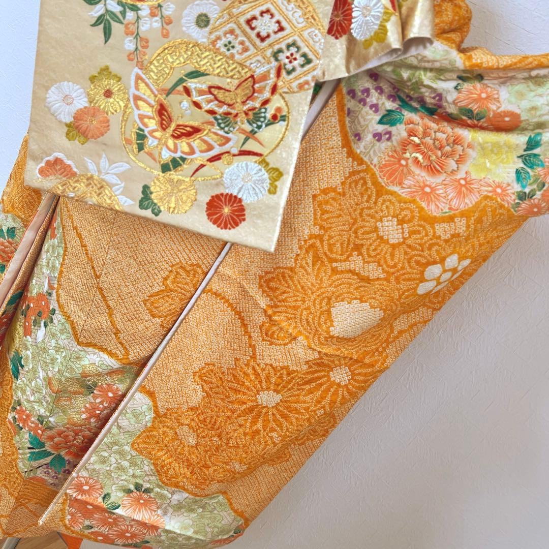 465 振袖フルセット 正絹 オレンジ 橙 金彩 絞り 駒刺繍 華やか ビビット