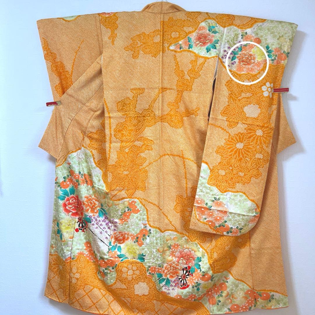 465 振袖フルセット 正絹 オレンジ 橙 金彩 絞り 駒刺繍 華やか ビビット