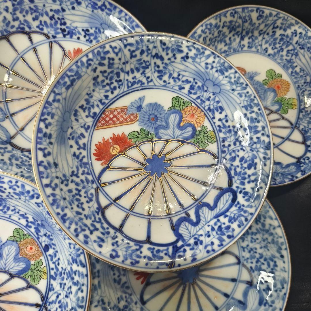 古伊万里 金彩色絵皿 染付 金縁手描き 角福 時代物 蒐集家放出江戸骨董 古美術