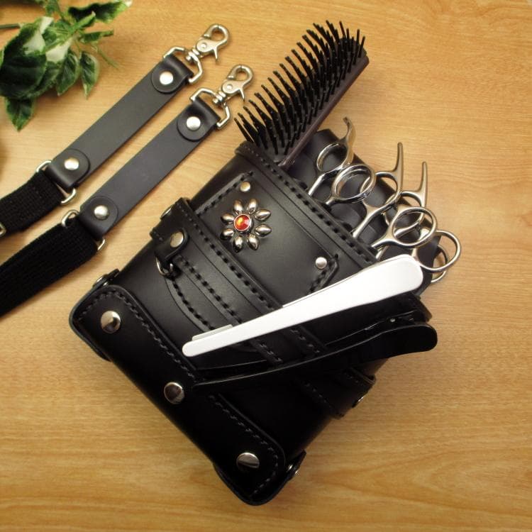 フラワースタッズ装飾　ブラック　６丁　本革シザーケース　SCA-208/CKA