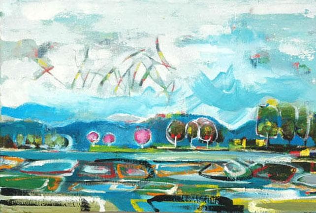 油絵 菅家令子 絵 絵画 インテリア 額付(白) uF6-063003 田園風景